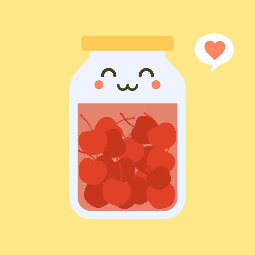 kawaii and cute cherry in jar. Canned fruits. Tinned goods product stuff, preserved food, supplied in a sealed can. Isolated. Vector flat illustration. Flat design style for your mascot branding.