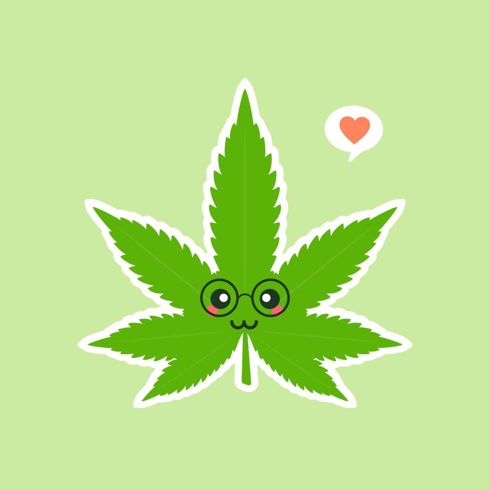 cara de hoja verde de hierba de marihuana feliz sonriente linda y kawaii. diseño de icono de ilustración de personaje de dibujos animados plano vectorial. aislado sobre fondo de color. marihuana ganja, cannabis medicinal y recreativo vector