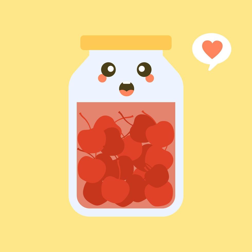 kawaii and cute cherry in jar. Canned fruits. Tinned goods product stuff, preserved food, supplied in a sealed can. Isolated. Vector flat illustration. Flat design style for your mascot branding.