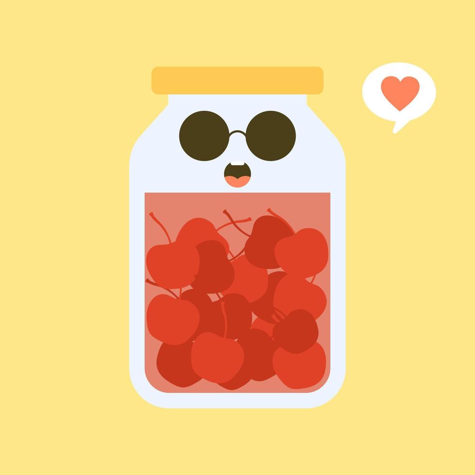 kawaii and cute cherry in jar. Canned fruits. Tinned goods product stuff, preserved food, supplied in a sealed can. Isolated. Vector flat illustration. Flat design style for your mascot branding.