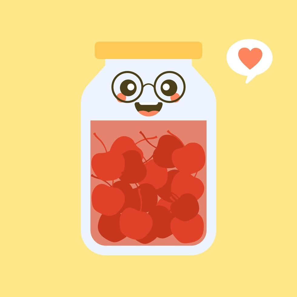 kawaii and cute cherry in jar. Canned fruits. Tinned goods product stuff, preserved food, supplied in a sealed can. Isolated. Vector flat illustration. Flat design style for your mascot branding.