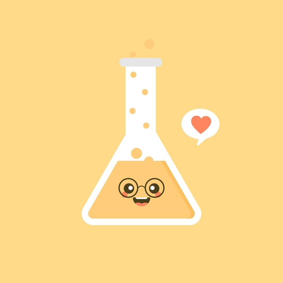 kawaii and cute character erlenmeyer chemical flask flat design vector illustration. Science experiment, research laboratory elements flat style., Chemistry, biology, physics, pharmaceutics, medical