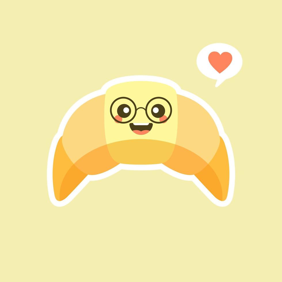 Croissant cartoon character doodle showing some love with flying hearts. Perfect croissant love mascot for your bakery. Funny and cute food logo drawing. Isolated vector illustration.