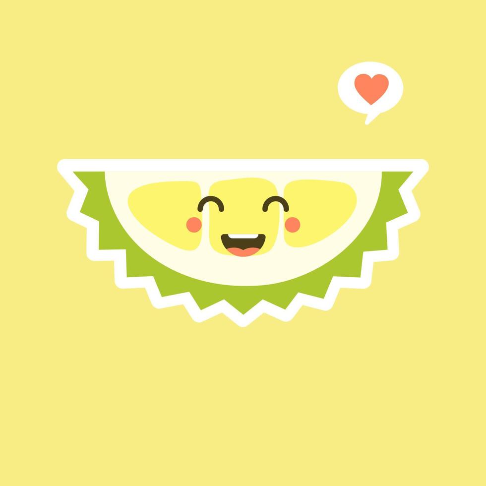 frutas durián divertidas y kawaii. lindo personaje durian con expresión facial y emoji. ilustración vectorial uso para tarjeta, afiche, pancarta, diseño web e impresión en camiseta. fácil de editar vector