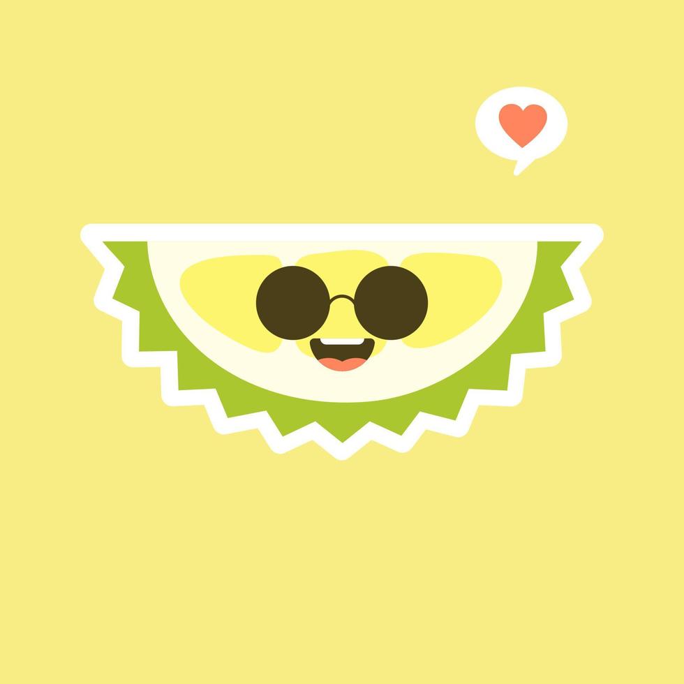 frutas durián divertidas y kawaii. lindo personaje durian con expresión facial y emoji. ilustración vectorial uso para tarjeta, afiche, pancarta, diseño web e impresión en camiseta. fácil de editar vector