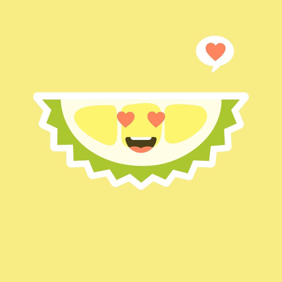 Funny and kawaii durian fruits. Cute Durian character with face expression and emoji . Vector illustration. Use for card, poster, banner, web design and print on t-shirt. Easy to edit.