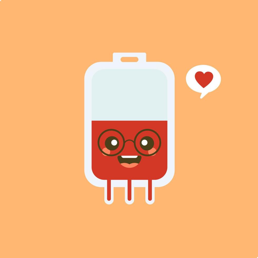 donante de sangre de bolsa o personaje cómico de donación. donar concepto de sangre con bolsa de sangre y carácter cardíaco. ilustración vectorial del día mundial del donante de sangre. vector