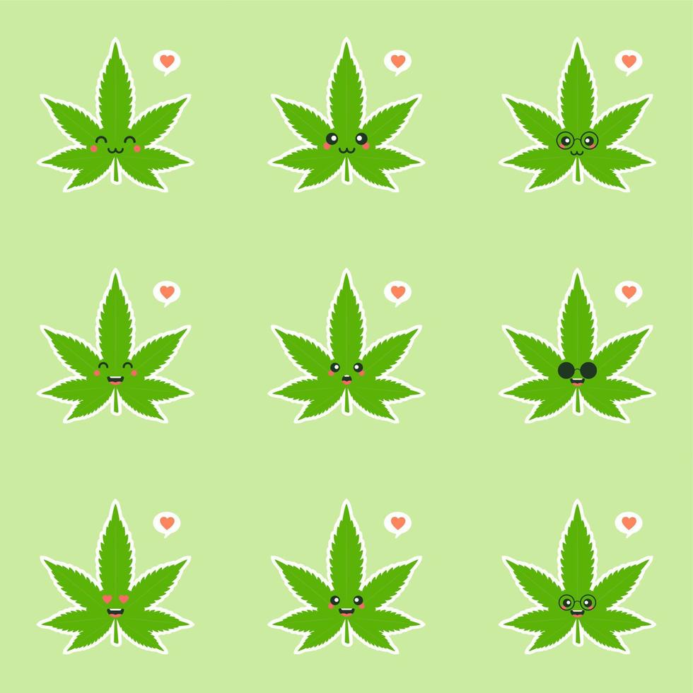 cara de hoja verde de hierba de marihuana feliz sonriente linda y kawaii.  diseño de icono