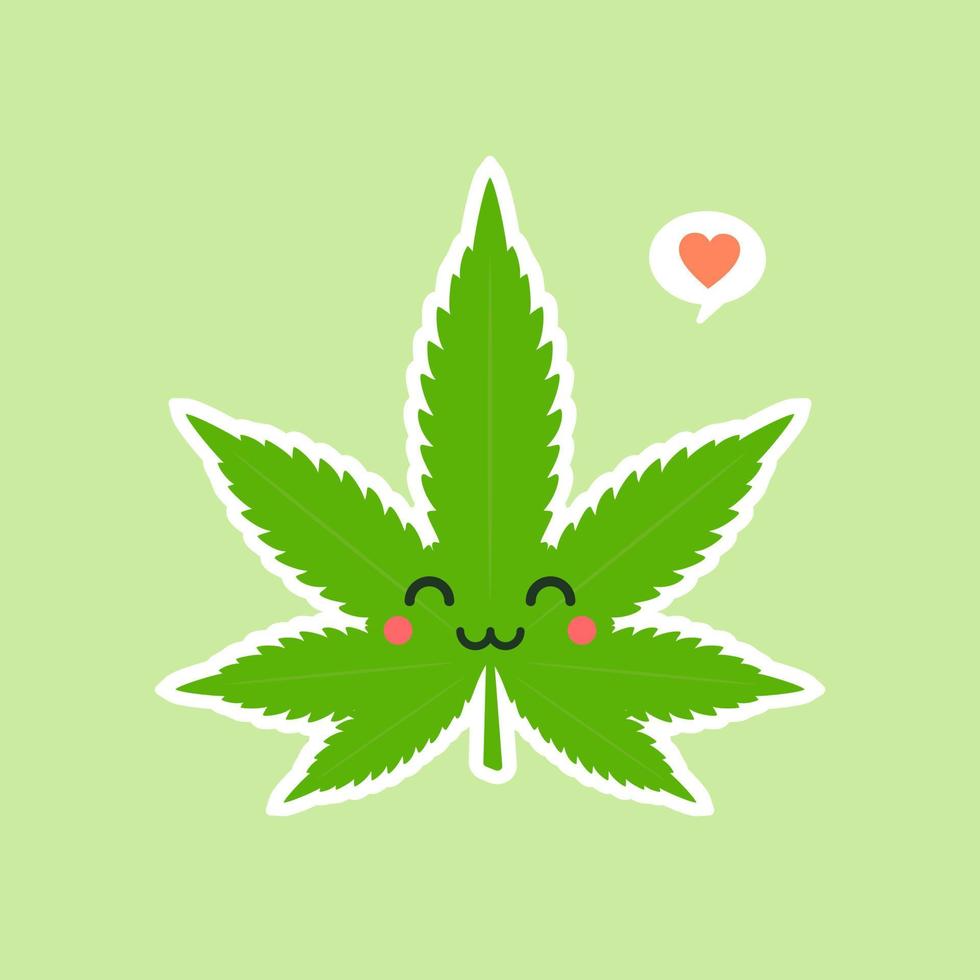 Cute and kawaii smiling happy marijuana weed green leaf face. Vector flat cartoon character illustration icon design. Isolated on color background. marihuana ganja, medical and recreation cannabis