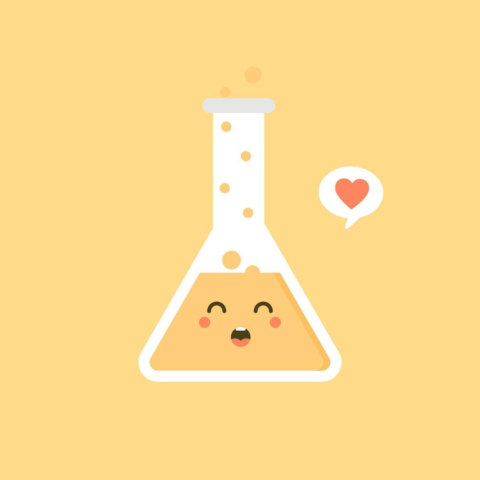 Ilustración de vector de diseño plano de matraz químico erlenmeyer de personaje lindo y kawaii. experimento científico, elementos de laboratorio de investigación de estilo plano, química, biología, física, farmacéutica, medicina