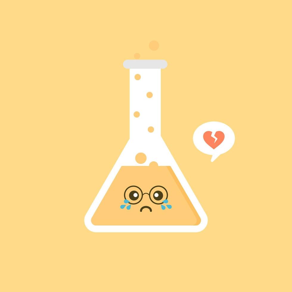 Ilustración de vector de diseño plano de matraz químico erlenmeyer de personaje lindo y kawaii. experimento científico, elementos de laboratorio de investigación de estilo plano, química, biología, física, farmacéutica, medicina