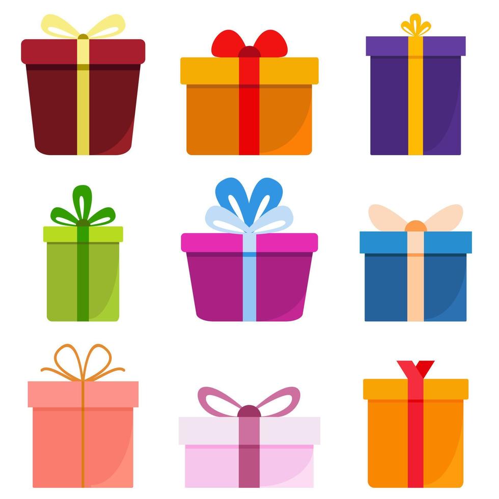 cajas de regalo. diseño de decoración de caja de regalo plana. caja de regalo, regalos de cumpleaños sorpresa de vacaciones y compras de paquetes de papel de regalos, símbolo de fiesta de aniversario de caja de saludo de color. vector