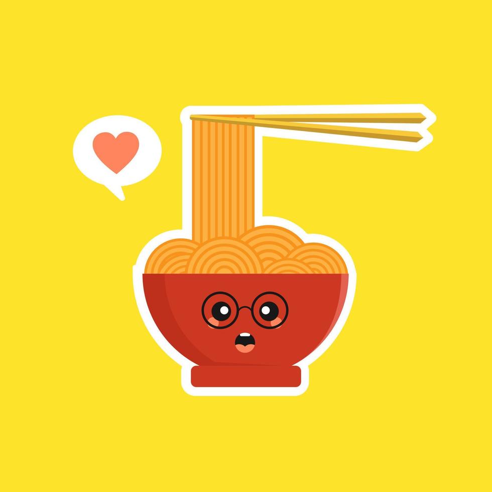 lindo y kawaii ramen bowl personaje en estilo plano. fideos con ilustración de personaje de dibujos animados de palillos con emoji y expresión. se puede usar para restaurante, resto, mascota, chino. japonés, asiático vector