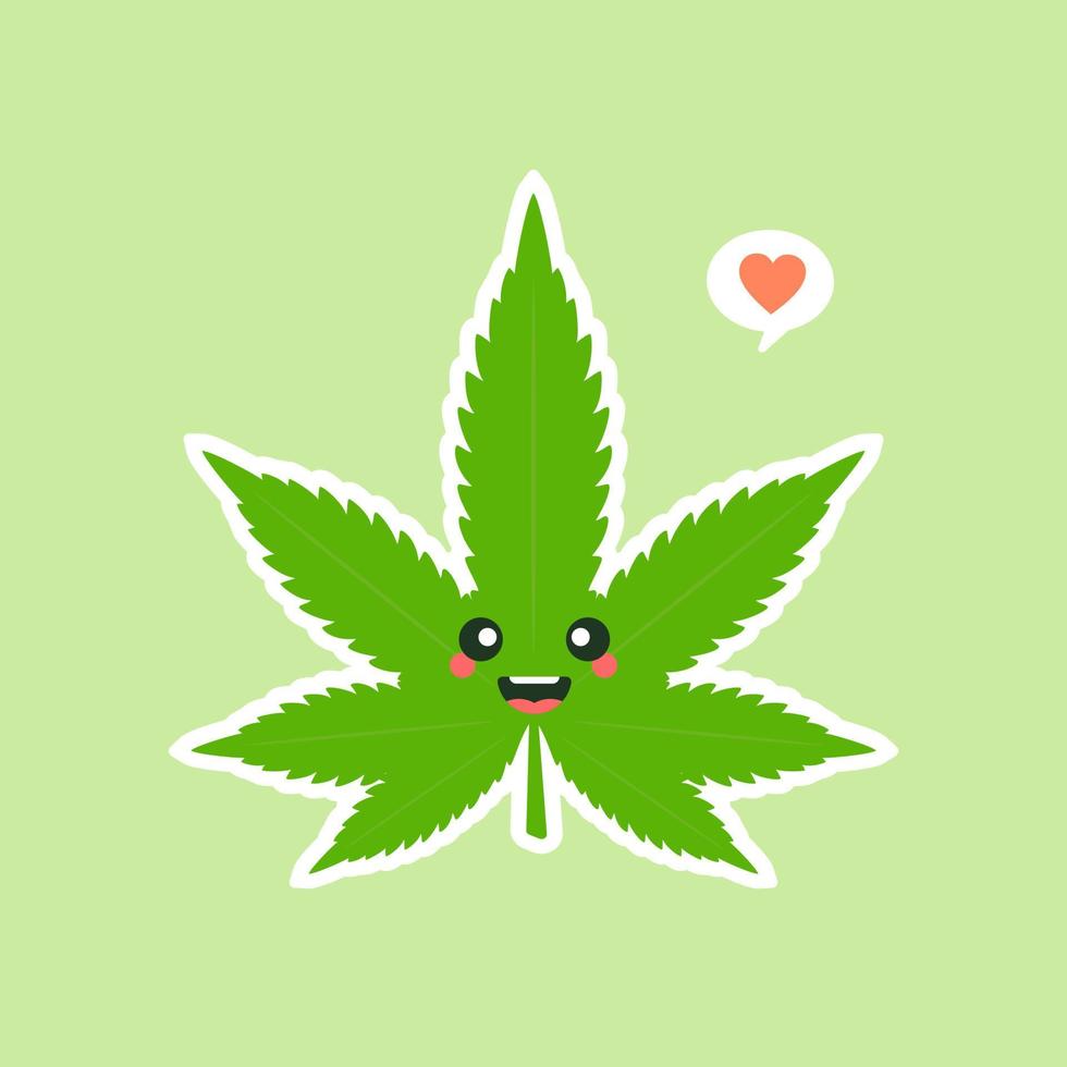 Cute and kawaii smiling happy marijuana weed green leaf face. Vector flat cartoon character illustration icon design. Isolated on color background. marihuana ganja, medical and recreation cannabis