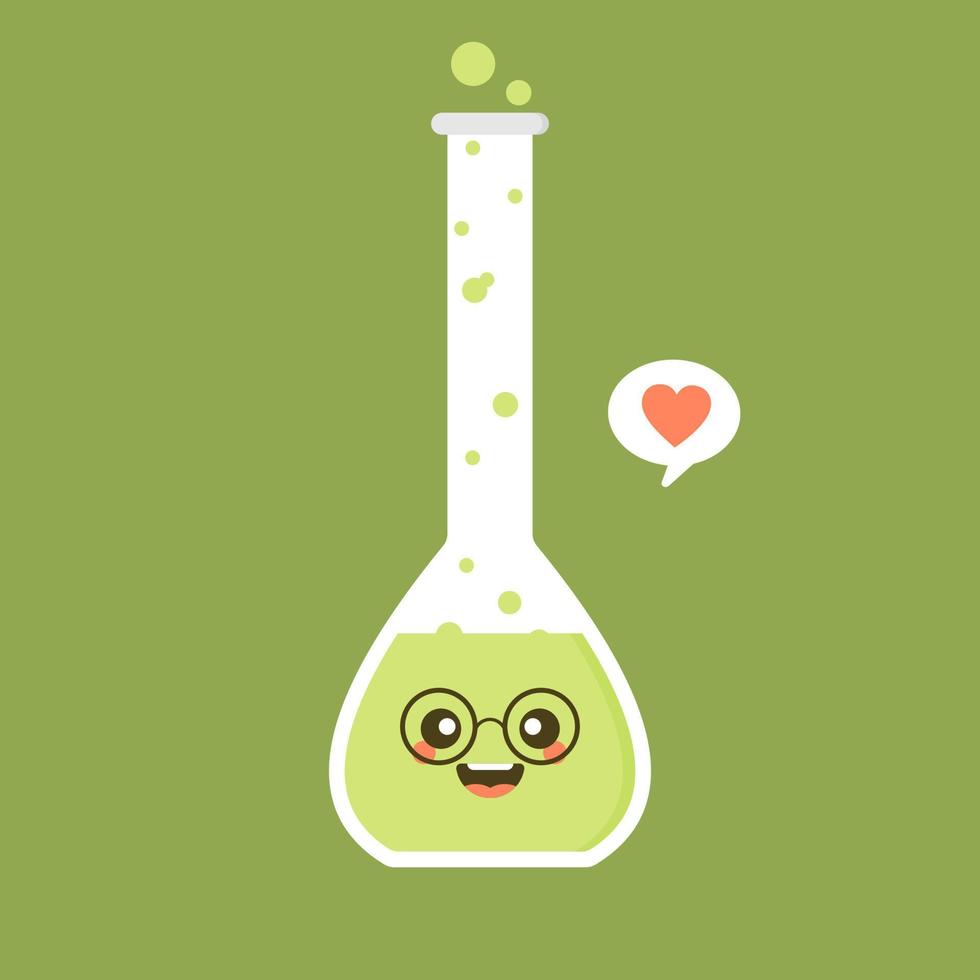 Ilustración de vector de diseño plano químico de matraz volumétrico de carácter kawaii y lindo. experimento científico, elementos de laboratorio de investigación de estilo plano, química, biología, física, farmacéutica, medicina