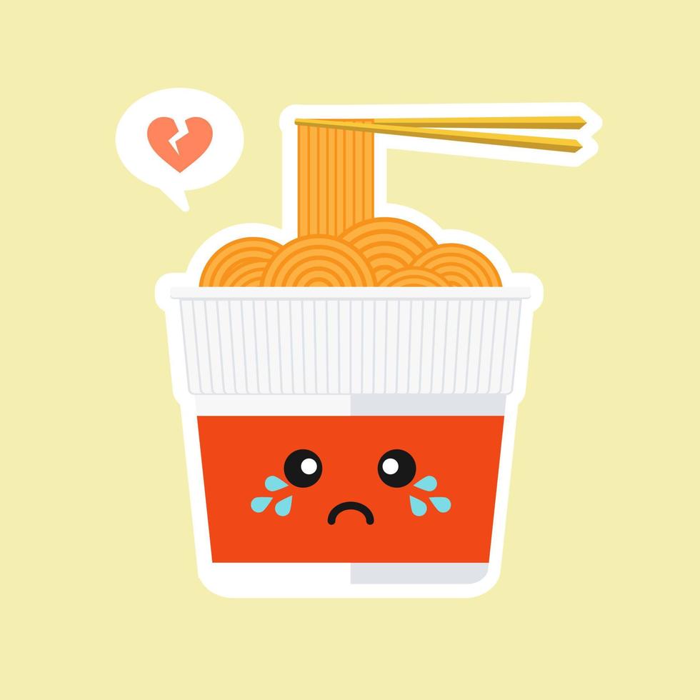 personaje de taza de ramen instantáneo lindo y kawaii en estilo plano. taza de fideos con ilustración de dibujos animados de palillos con emoji y expresión. se puede usar para restaurante, resto, mascota, chino. japonés, asiático vector