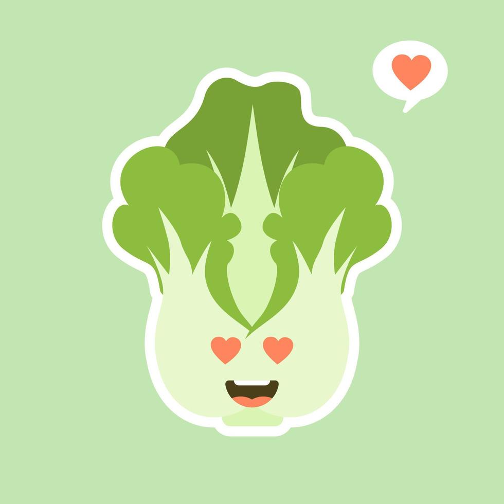 lindo y kawaii personaje de repollo chino. verduras. comida natural, vegetariana, vegana y nutrición saludable. ilustración de vector plano sobre un fondo de color.