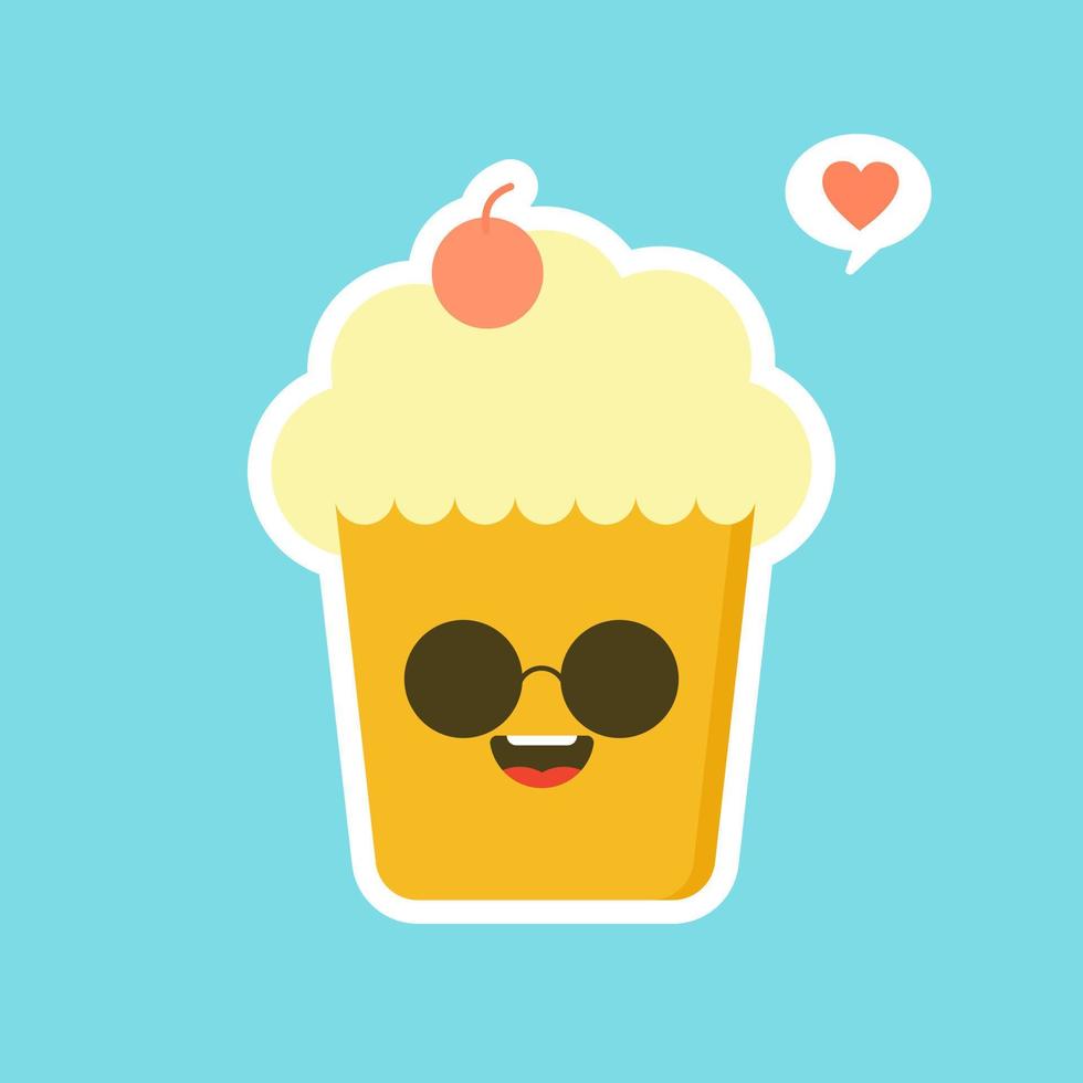 Cupcakes with cute face. kawaii Comic characters. Vector cartoon in flat style. can Use for card, mascot poster, banner, web design and print on t-shirt. Easy to edit.