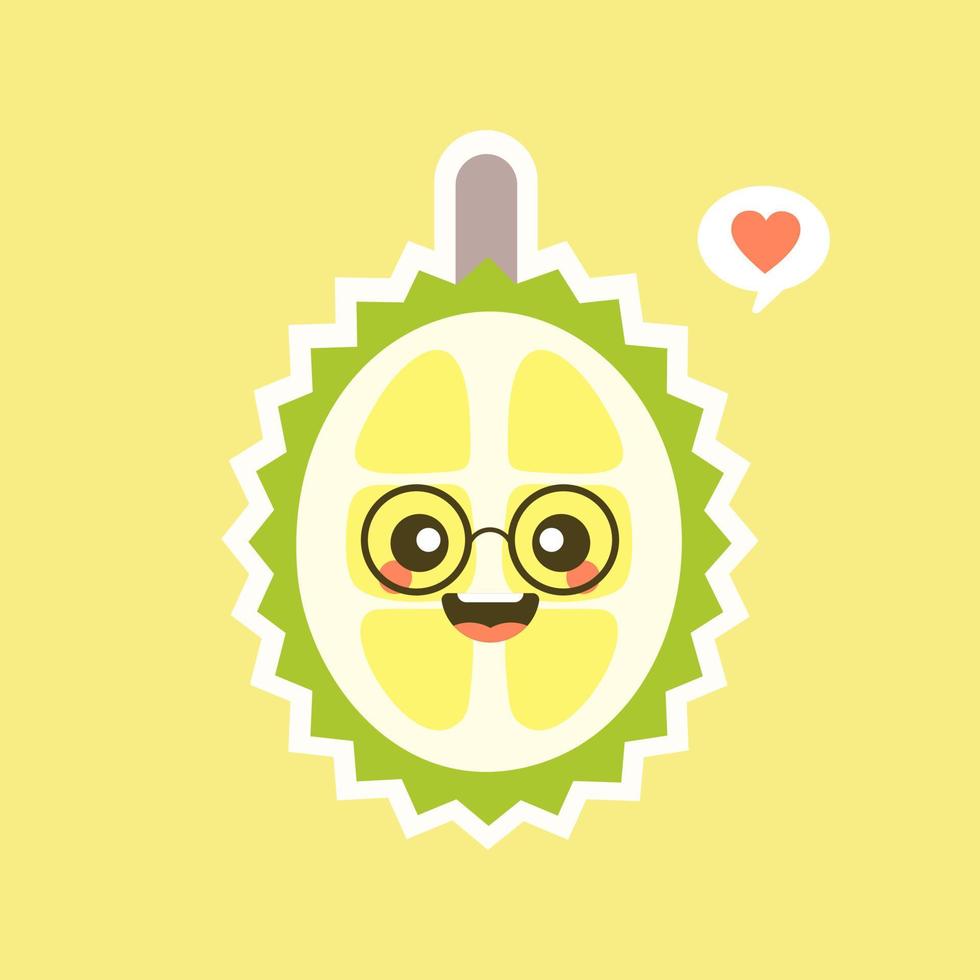 Funny and kawaii durian fruits. Cute Durian character with face expression and emoji . Vector illustration. Use for card, poster, banner, web design and print on t-shirt. Easy to edit.