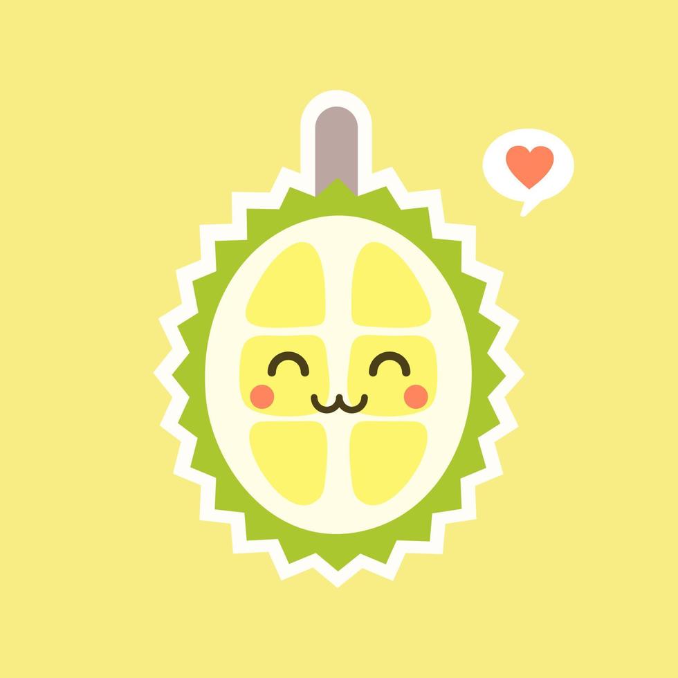 Funny and kawaii durian fruits. Cute Durian character with face expression and emoji . Vector illustration. Use for card, poster, banner, web design and print on t-shirt. Easy to edit.