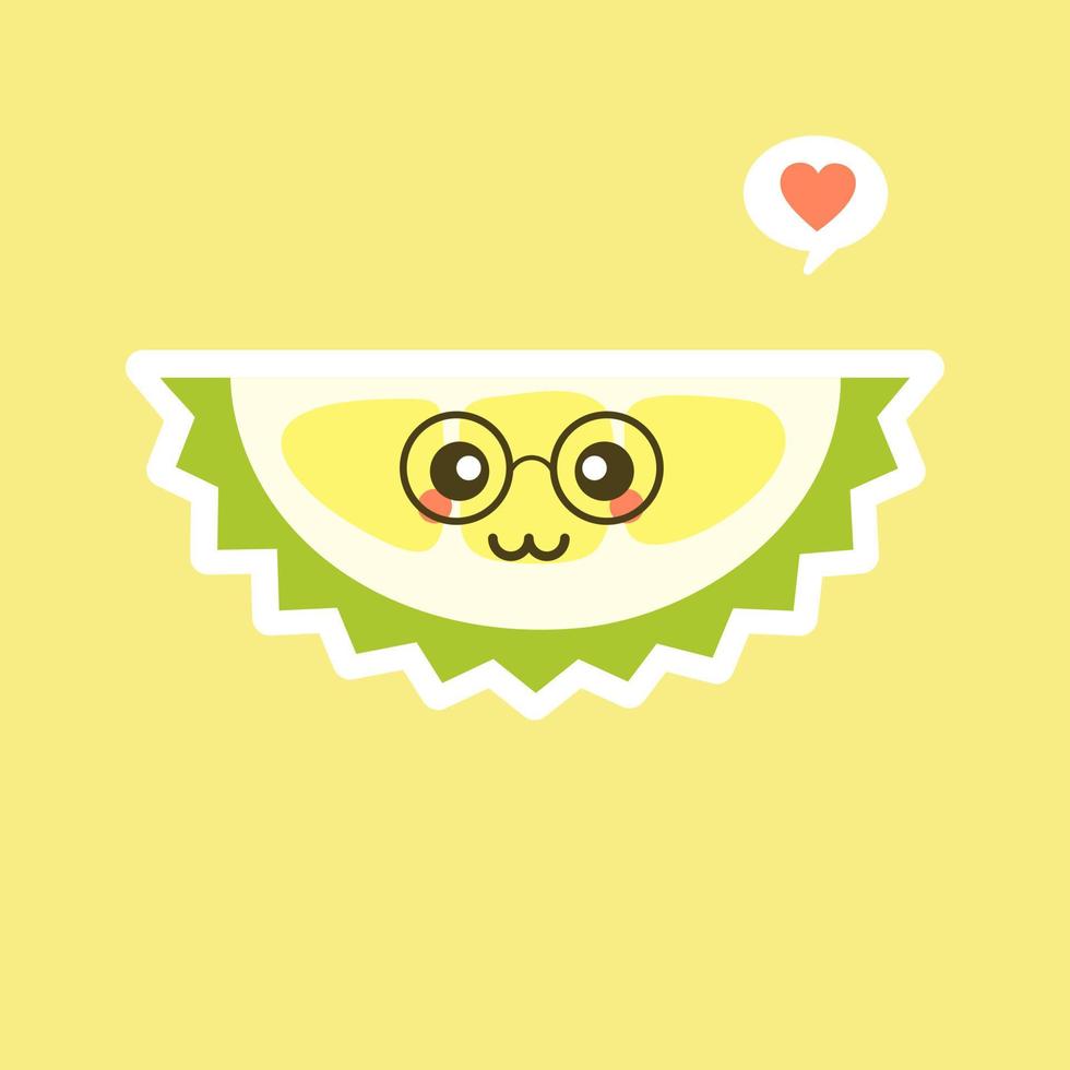 Funny and kawaii durian fruits. Cute Durian character with face expression and emoji . Vector illustration. Use for card, poster, banner, web design and print on t-shirt. Easy to edit.