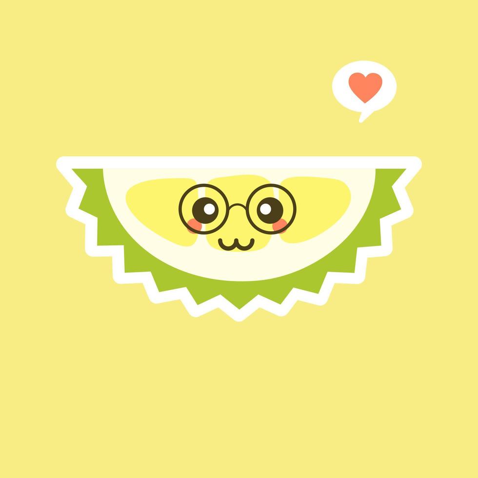 frutas durián divertidas y kawaii. lindo personaje durian con expresión facial y emoji. ilustración vectorial uso para tarjeta, afiche, pancarta, diseño web e impresión en camiseta. fácil de editar vector