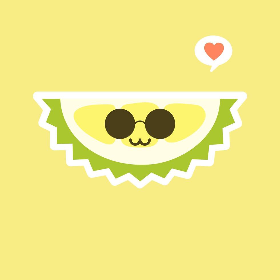 Funny and kawaii durian fruits. Cute Durian character with face expression and emoji . Vector illustration. Use for card, poster, banner, web design and print on t-shirt. Easy to edit.