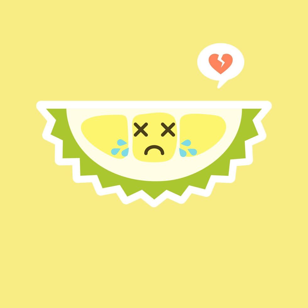 frutas durián divertidas y kawaii. lindo personaje durian con expresión facial y emoji. ilustración vectorial uso para tarjeta, afiche, pancarta, diseño web e impresión en camiseta. fácil de editar vector