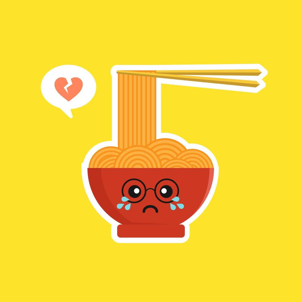 lindo y kawaii ramen bowl personaje en estilo plano. fideos con ilustración de personaje de dibujos animados de palillos con emoji y expresión. se puede usar para restaurante, resto, mascota, chino. japonés, asiático vector