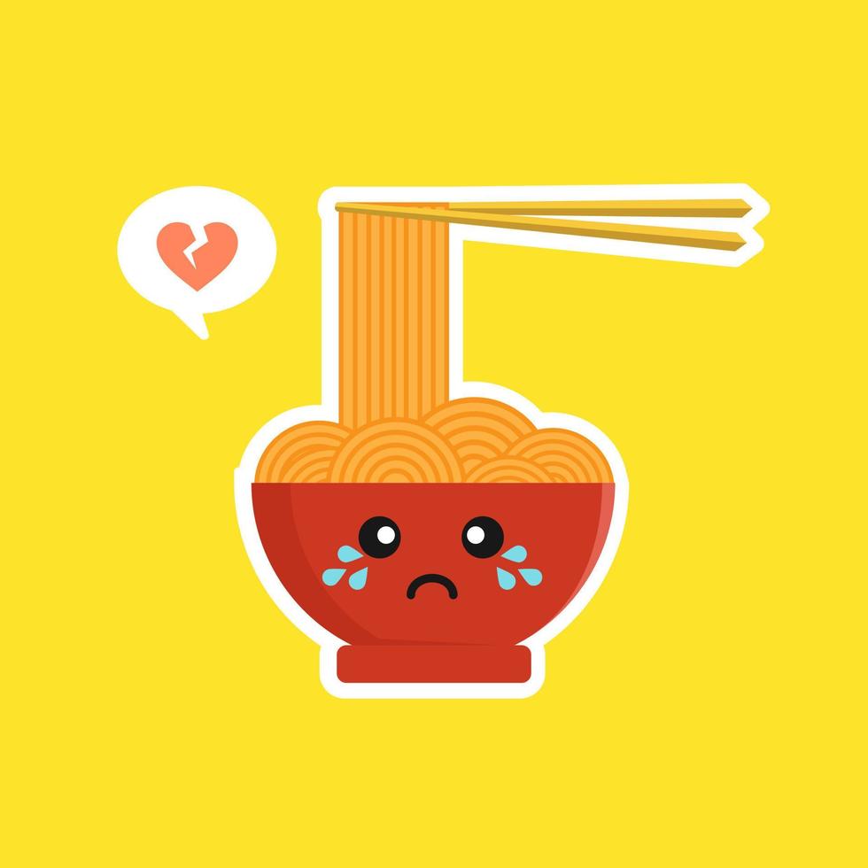 Cute and kawaii ramen bowl character in flat style. Noodle with chopstick cartoon character illustration with emoji and expression. Can use for restaurant, resto, mascot, chinese. japanese, asian vector