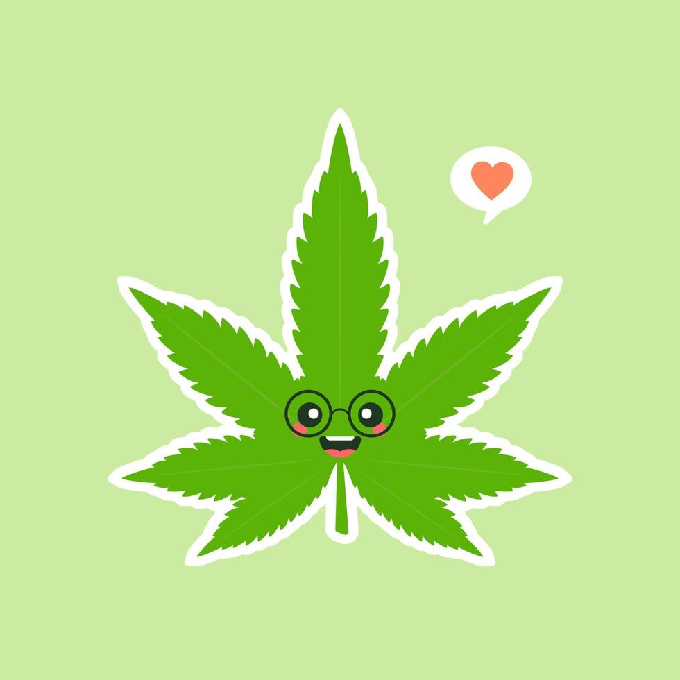 Cute and kawaii smiling happy marijuana weed green leaf face. Vector flat cartoon character illustration icon design. Isolated on color background. marihuana ganja, medical and recreation cannabis