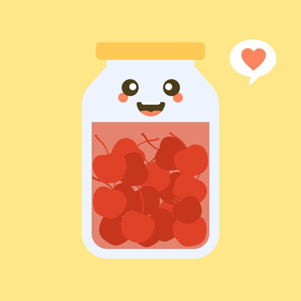 kawaii and cute cherry in jar. Canned fruits. Tinned goods product stuff, preserved food, supplied in a sealed can. Isolated. Vector flat illustration. Flat design style for your mascot branding.