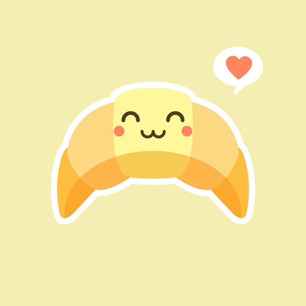 Croissant cartoon character doodle showing some love with flying hearts. Perfect croissant love mascot for your bakery. Funny and cute food logo drawing. Isolated vector illustration.