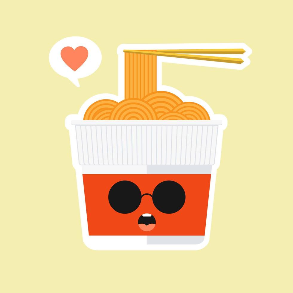 Cute and kawaii instant ramen cup character in flat style. Noodle cup with chopstick cartoon illustration with emoji and expression. Can use for restaurant, resto, mascot, chinese. japanese, asian vector
