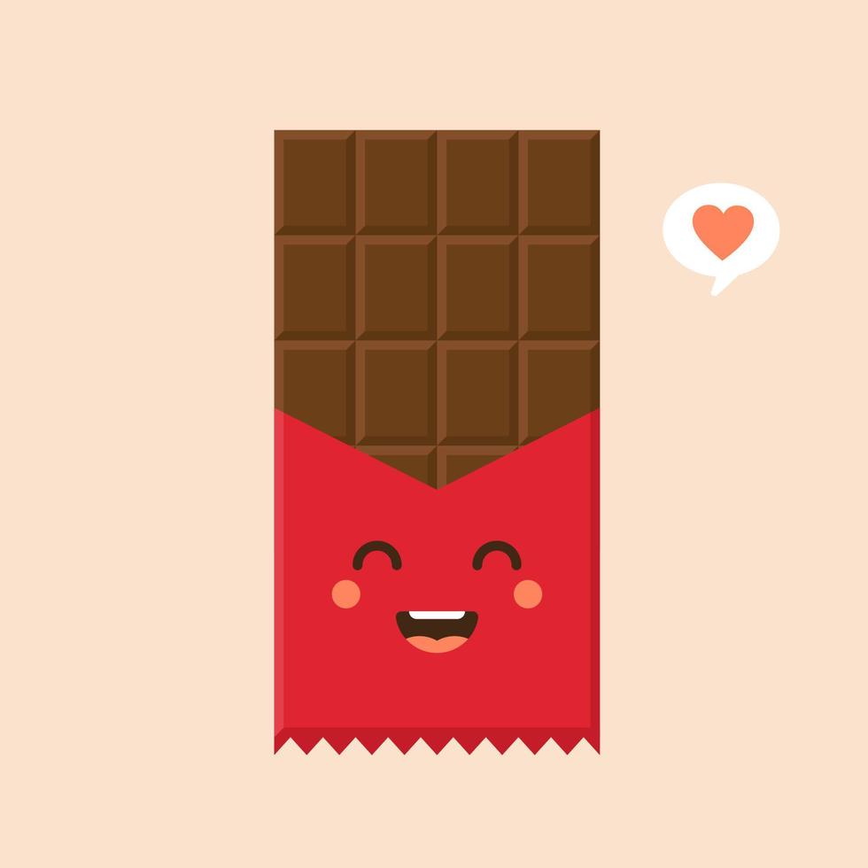 lindo y kawaii icono de personaje de barra de chocolate. ilustración plana del icono de vector de barra de chocolate para diseño web. emoticono de chocolate o emoji