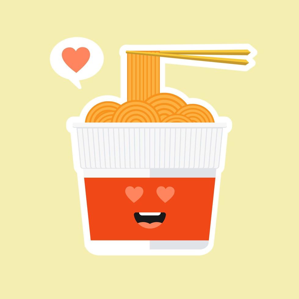 Cute and kawaii instant ramen cup character in flat style. Noodle cup with chopstick cartoon illustration with emoji and expression. Can use for restaurant, resto, mascot, chinese. japanese, asian vector