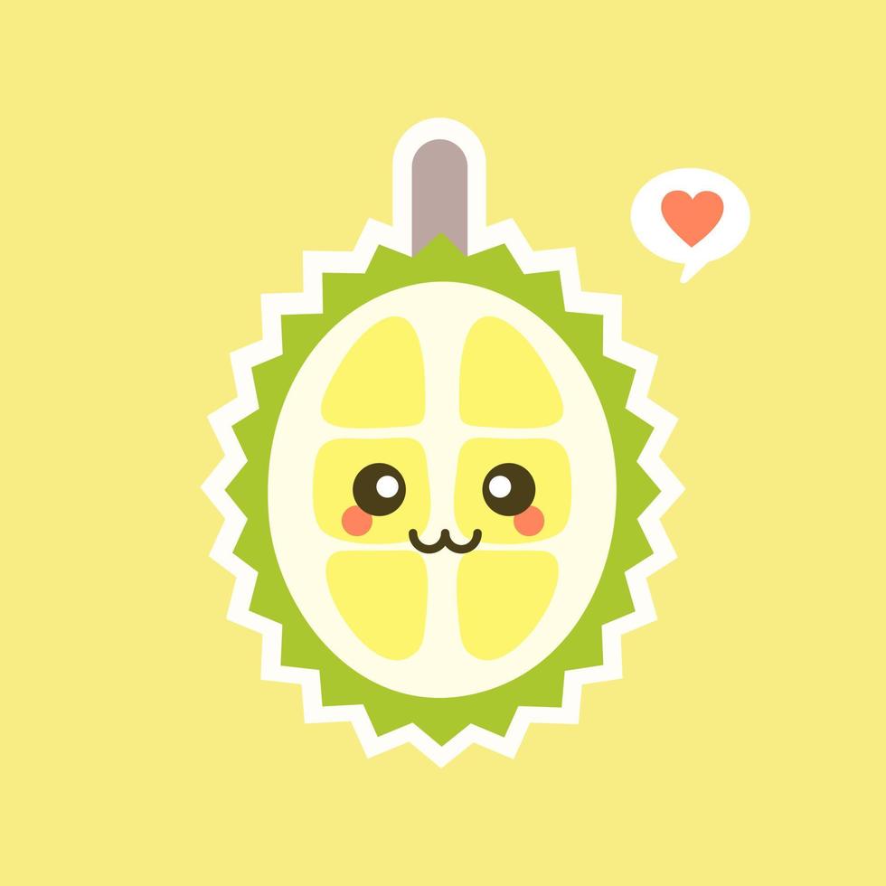 Funny and kawaii durian fruits. Cute Durian character with face expression and emoji . Vector illustration. Use for card, poster, banner, web design and print on t-shirt. Easy to edit.