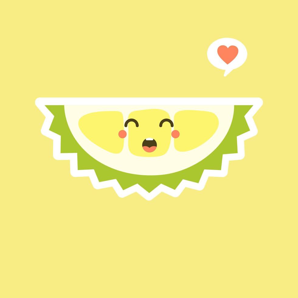 frutas durián divertidas y kawaii. lindo personaje durian con expresión facial y emoji. ilustración vectorial uso para tarjeta, afiche, pancarta, diseño web e impresión en camiseta. fácil de editar vector