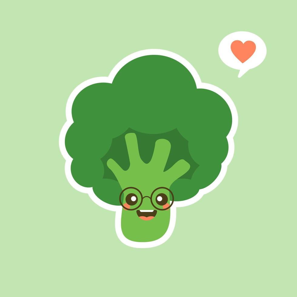 vector funny cartoon cute green smiling broccoli character isolated on color background. vegetable broccoli. Fresh green Vegetable, Vegetarian, vegan Healthy organic food.