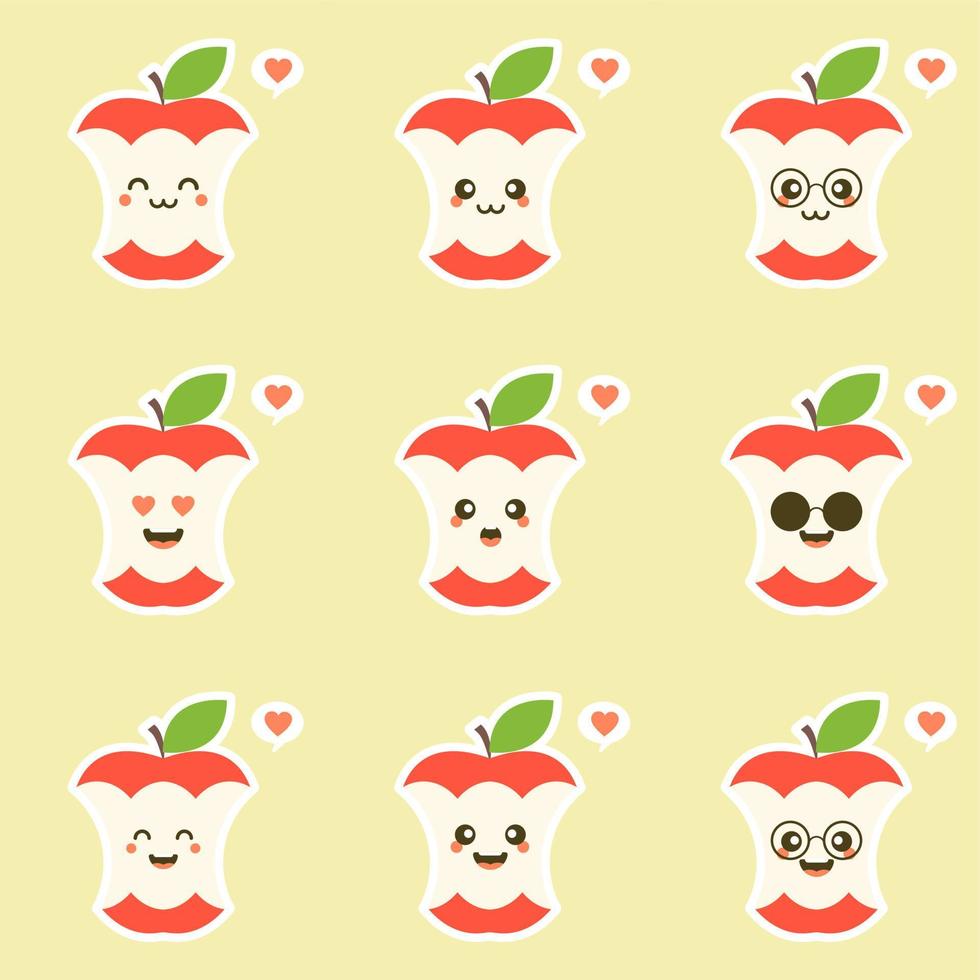 ilustraciones de diseño de personajes de manzana mordida. colección de personajes de frutas ilustración vectorial de un personaje de manzana divertido y sonriente. vector