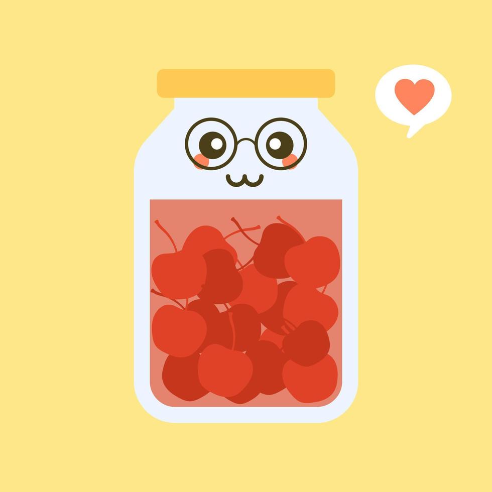 kawaii and cute cherry in jar. Canned fruits. Tinned goods product stuff, preserved food, supplied in a sealed can. Isolated. Vector flat illustration. Flat design style for your mascot branding.