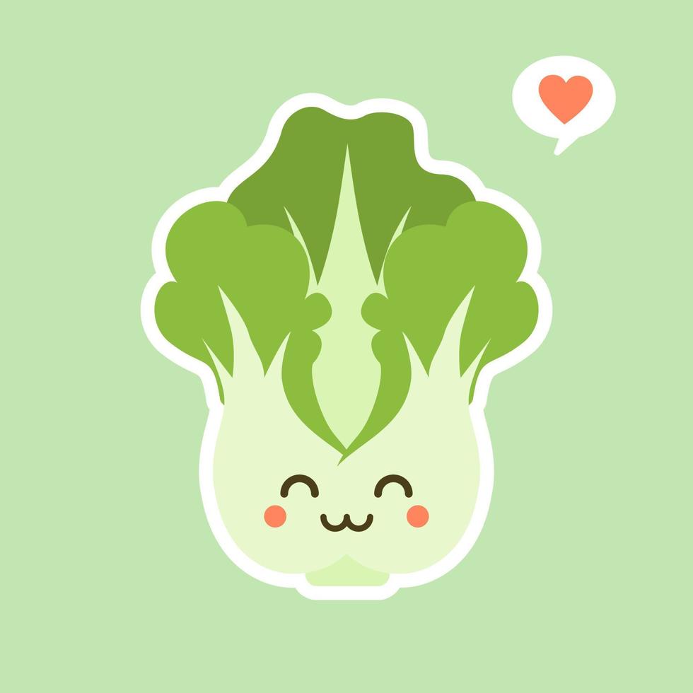 lindo y kawaii personaje de repollo chino. verduras. comida natural, vegetariana, vegana y nutrición saludable. ilustración de vector plano sobre un fondo de color.