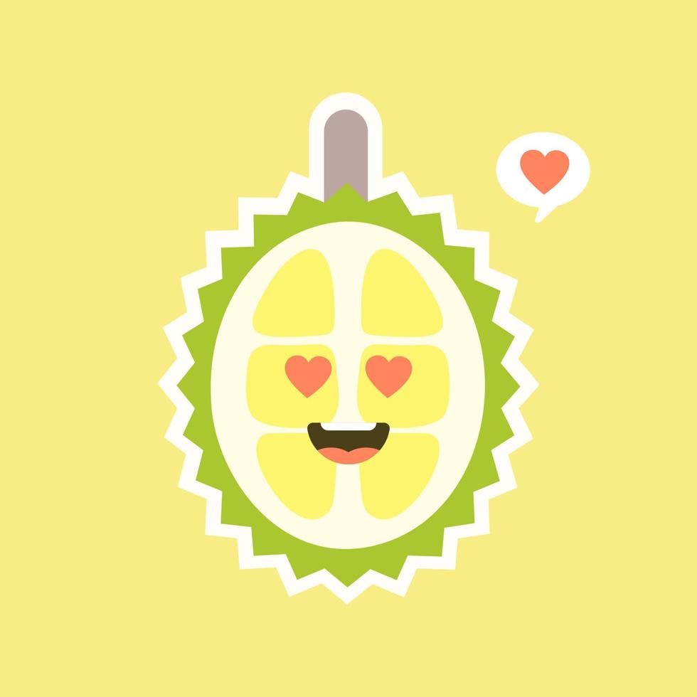 Funny and kawaii durian fruits. Cute Durian character with face expression and emoji . Vector illustration. Use for card, poster, banner, web design and print on t-shirt. Easy to edit.