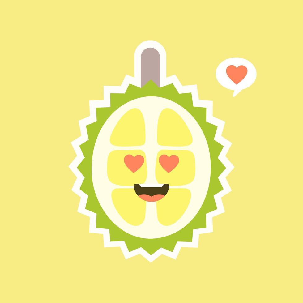 frutas durián divertidas y kawaii. lindo personaje durian con expresión facial y emoji. ilustración vectorial uso para tarjeta, afiche, pancarta, diseño web e impresión en camiseta. fácil de editar vector