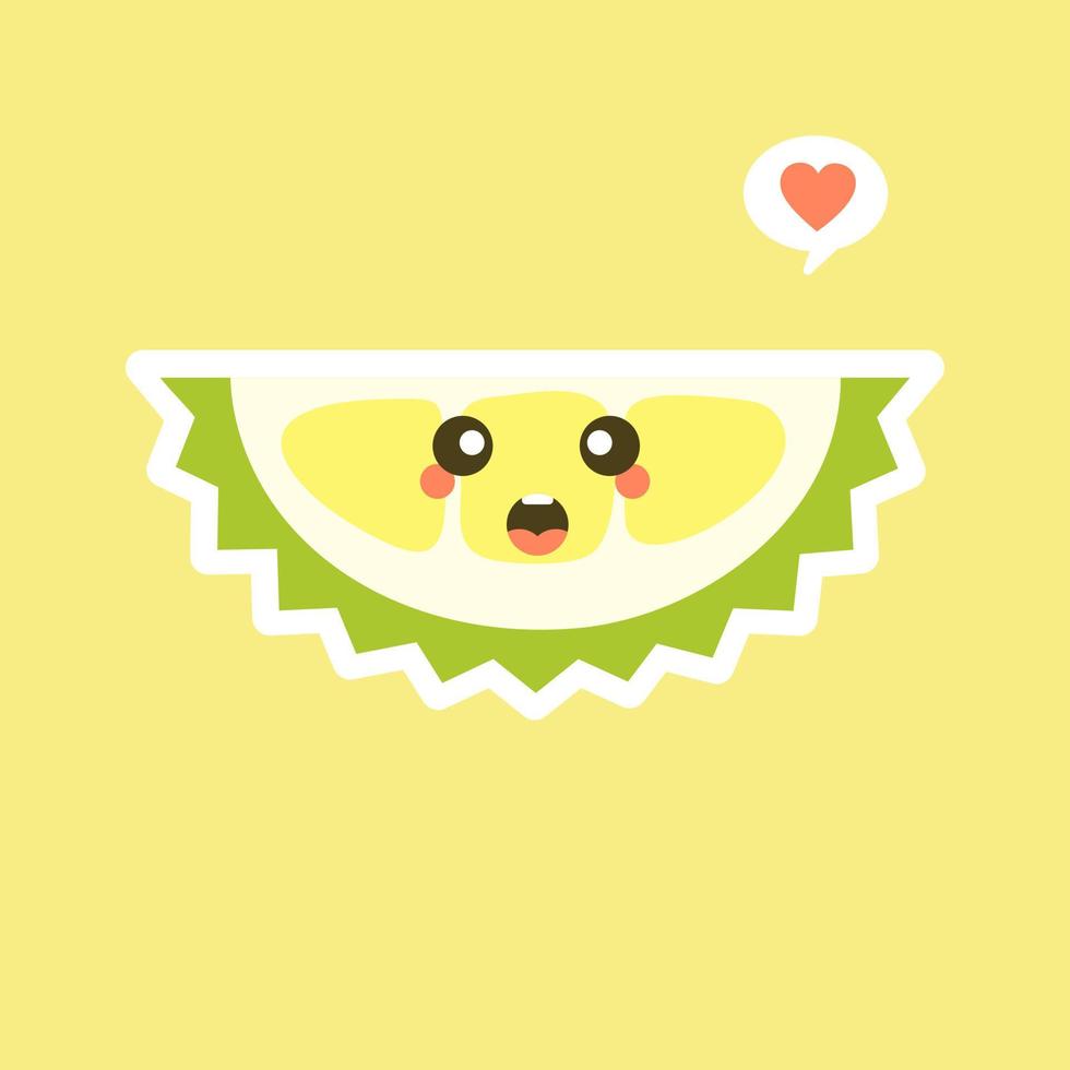 frutas durián divertidas y kawaii. lindo personaje durian con expresión facial y emoji. ilustración vectorial uso para tarjeta, afiche, pancarta, diseño web e impresión en camiseta. fácil de editar vector