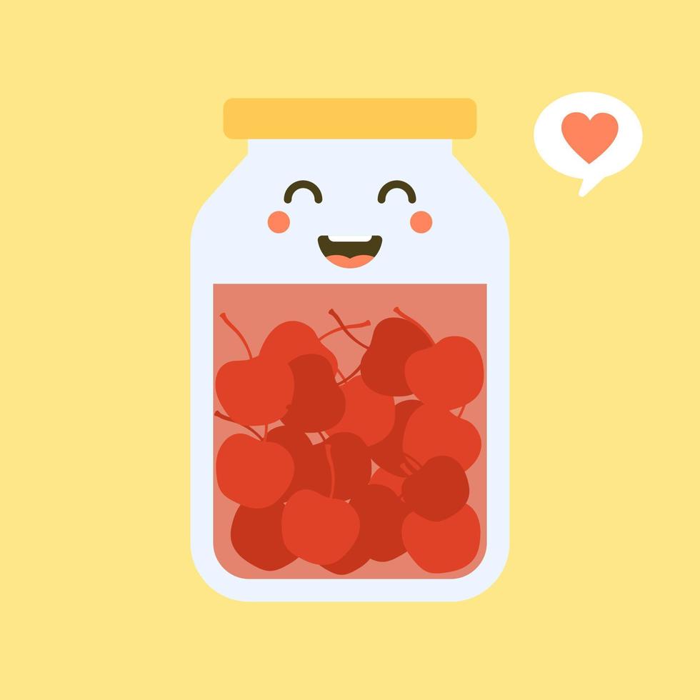 kawaii and cute cherry in jar. Canned fruits. Tinned goods product stuff, preserved food, supplied in a sealed can. Isolated. Vector flat illustration. Flat design style for your mascot branding.
