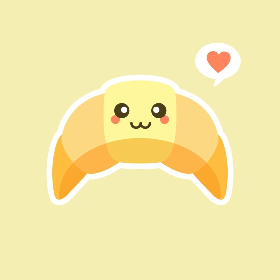 Croissant cartoon character doodle showing some love with flying hearts. Perfect croissant love mascot for your bakery. Funny and cute food logo drawing. Isolated vector illustration.