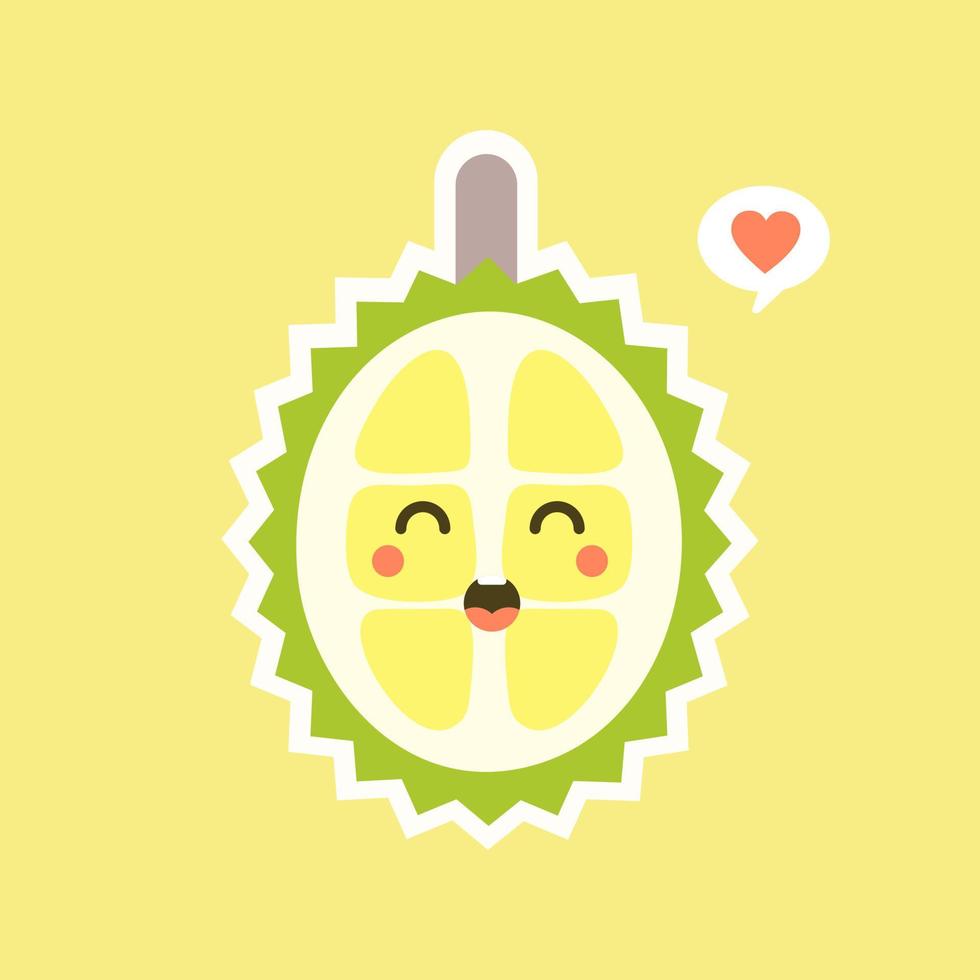 frutas durián divertidas y kawaii. lindo personaje durian con expresión facial y emoji. ilustración vectorial uso para tarjeta, afiche, pancarta, diseño web e impresión en camiseta. fácil de editar vector