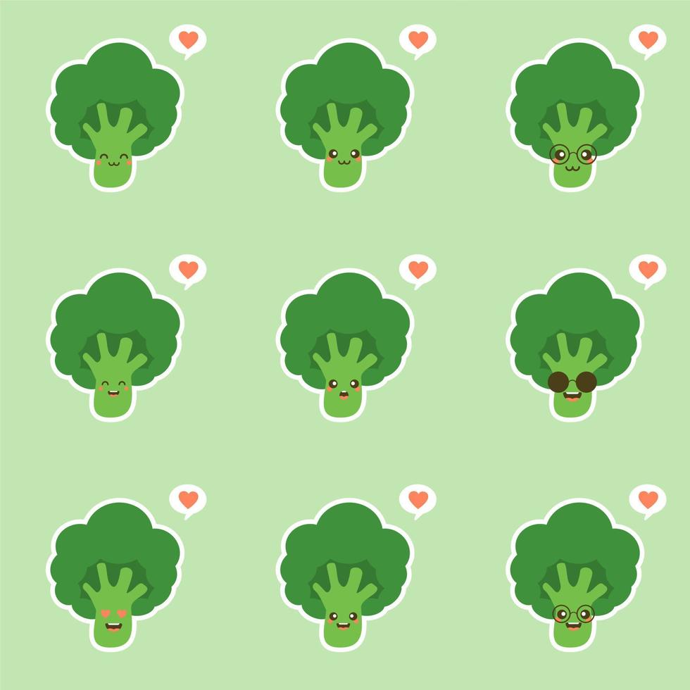 vector funny cartoon cute green smiling broccoli character isolated on color background. vegetable broccoli. Fresh green Vegetable, Vegetarian, vegan Healthy organic food.