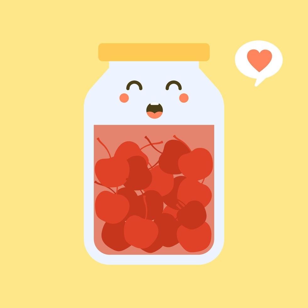 kawaii and cute cherry in jar. Canned fruits. Tinned goods product stuff, preserved food, supplied in a sealed can. Isolated. Vector flat illustration. Flat design style for your mascot branding.